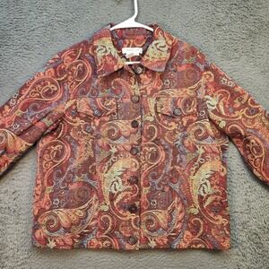 Coldwater Creek Jacket Womens Large Red Paisley Beaded Button Up Tapestry Boho